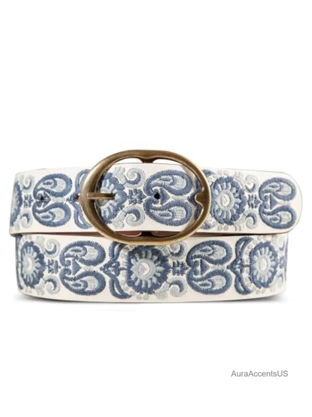 Genuine Leather Embroidered Belt with Antique Brass Oval Buckle - Western
